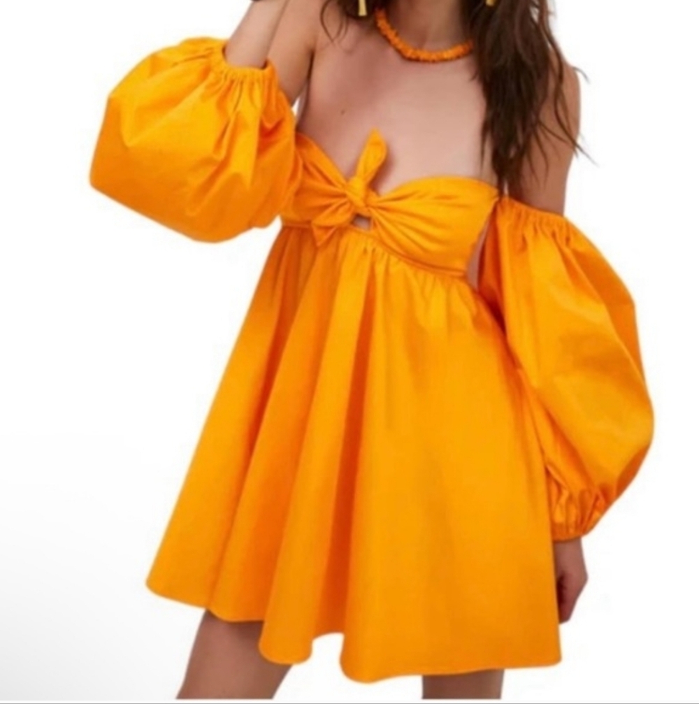 For Love & Lemons Bright Orange Off-Shoulder Puff Sleeve Mini Dress